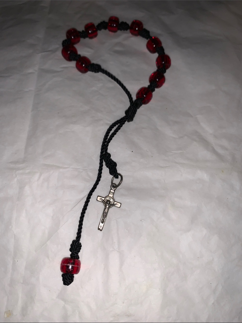 Red Bead Rosary-Style Bracelet with Silver Cross Charm